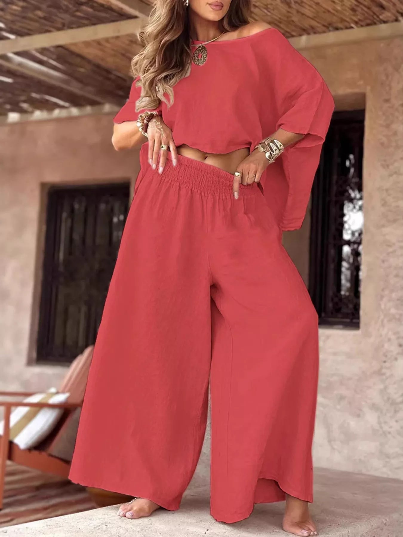 plus size full size boat neck top and wide leg pants set in coral red