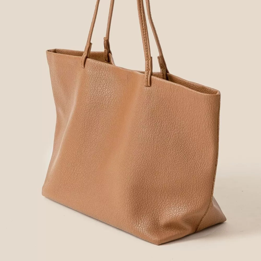 Fame Soft Solid Color Tote Bag large tan leather handbag with shoulder straps and textured finish