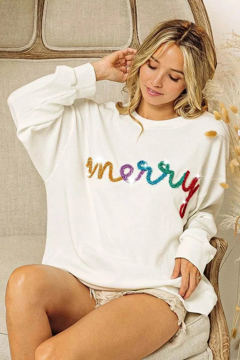 BiBi Merry Tinsel Lettering Drop Shoulder Sweatshirt.