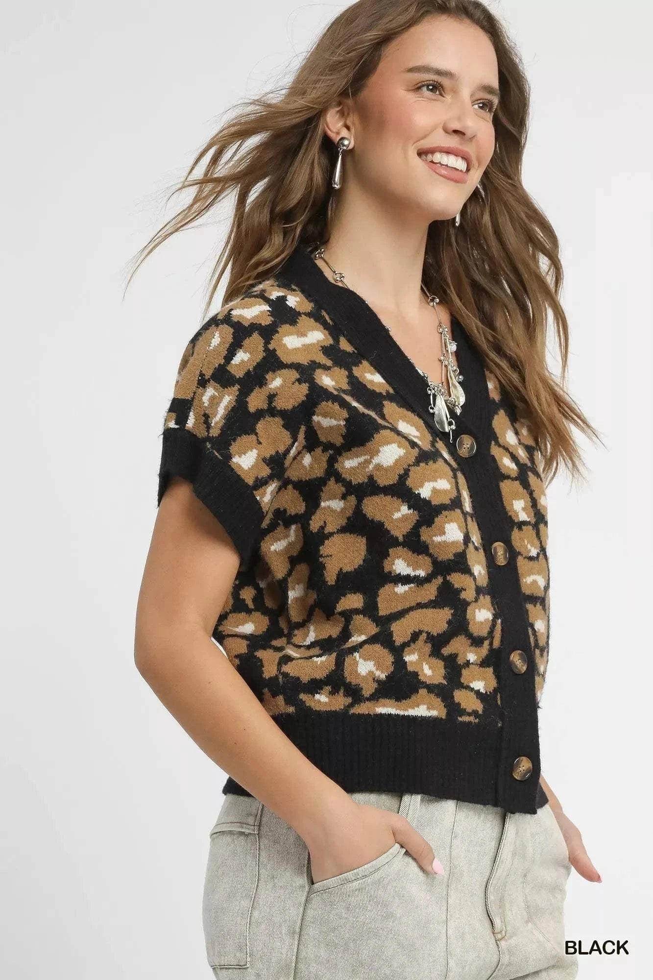 Umgee Leopard Button Down Short Sleeve Cardigan.