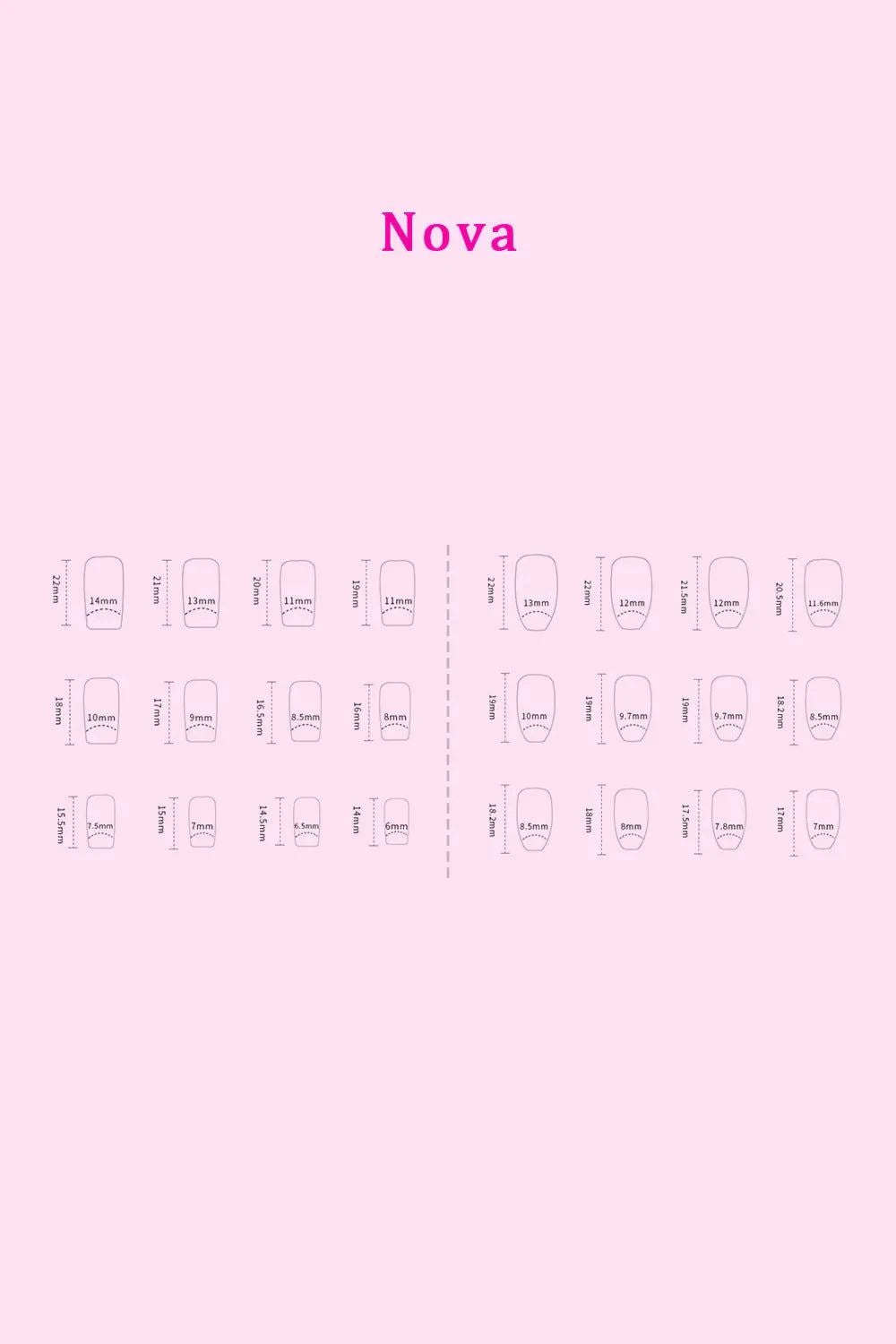 SO PINK BEAUTY press on nails size guide for two-pack set with 48 pieces and glue for easy application