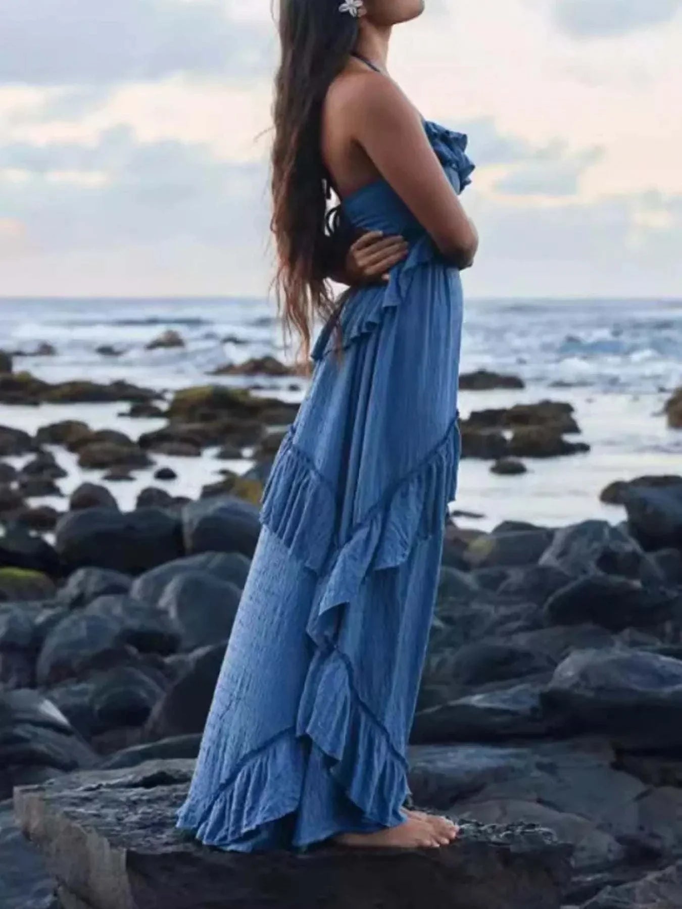 blue ruffled halter neck maxi dress beachwear summer style polyester fabric