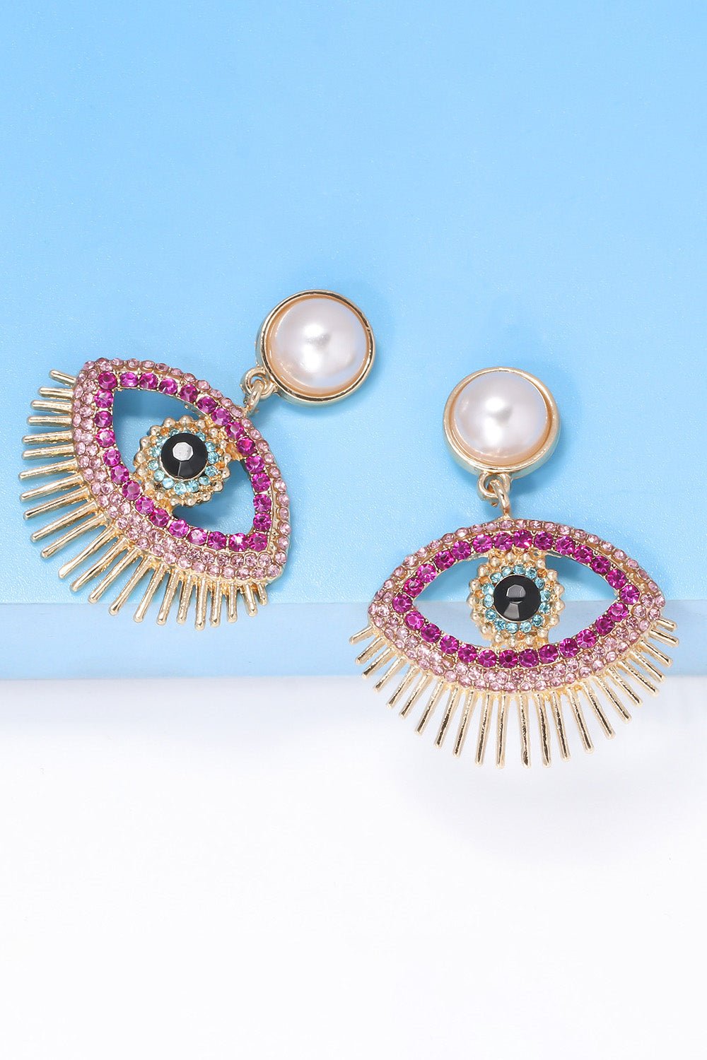 Evil eye shape rhinestone dangle earrings with synthetic pearl and gold-tone zinc alloy