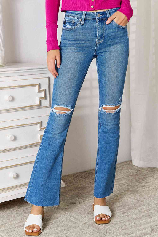 Kancan Distressed Bootcut Jeans with Raw Hem for Full Size