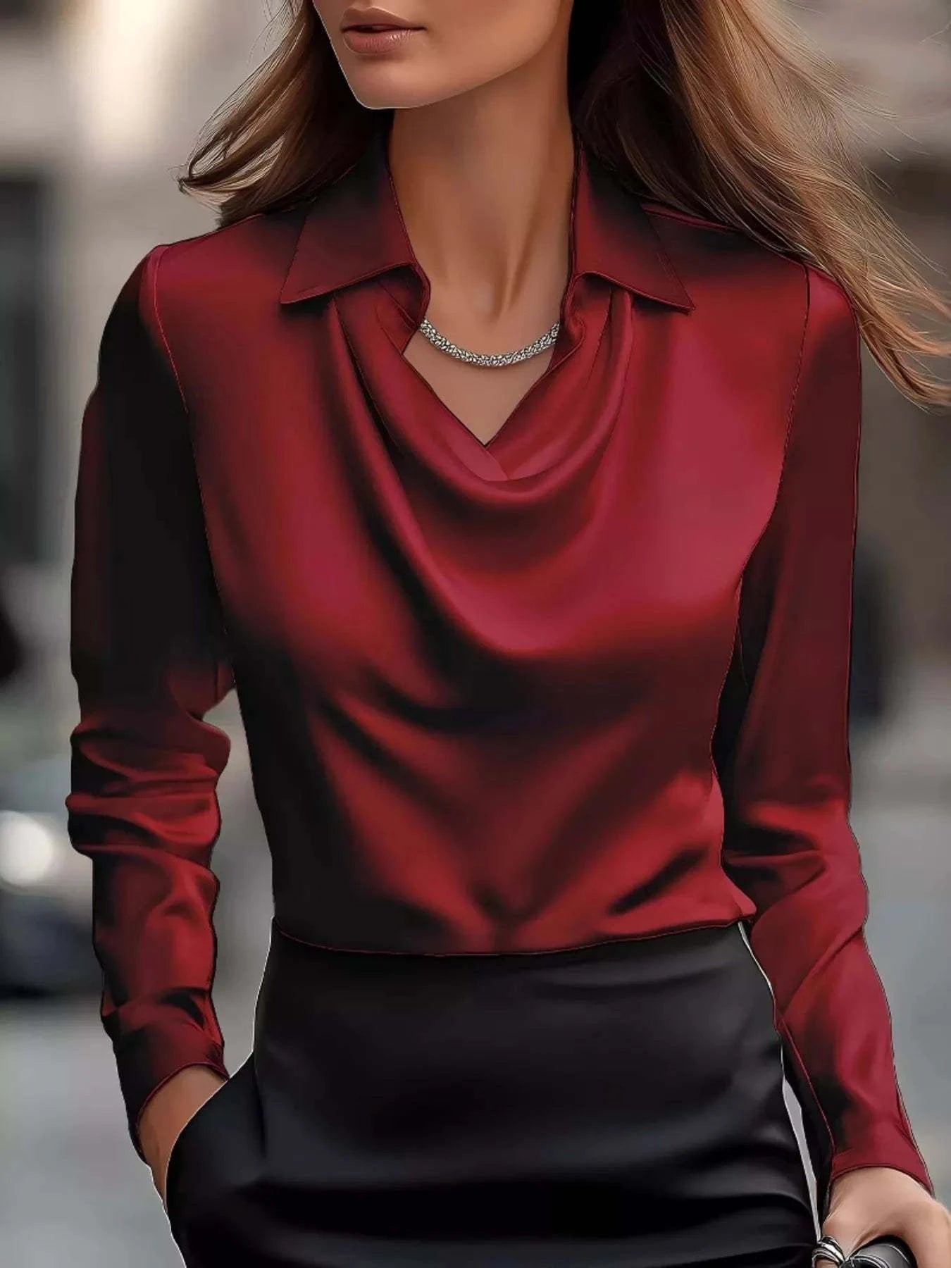 Full Size Satin Cowl Neck Long Sleeve Blouse Plus Size.