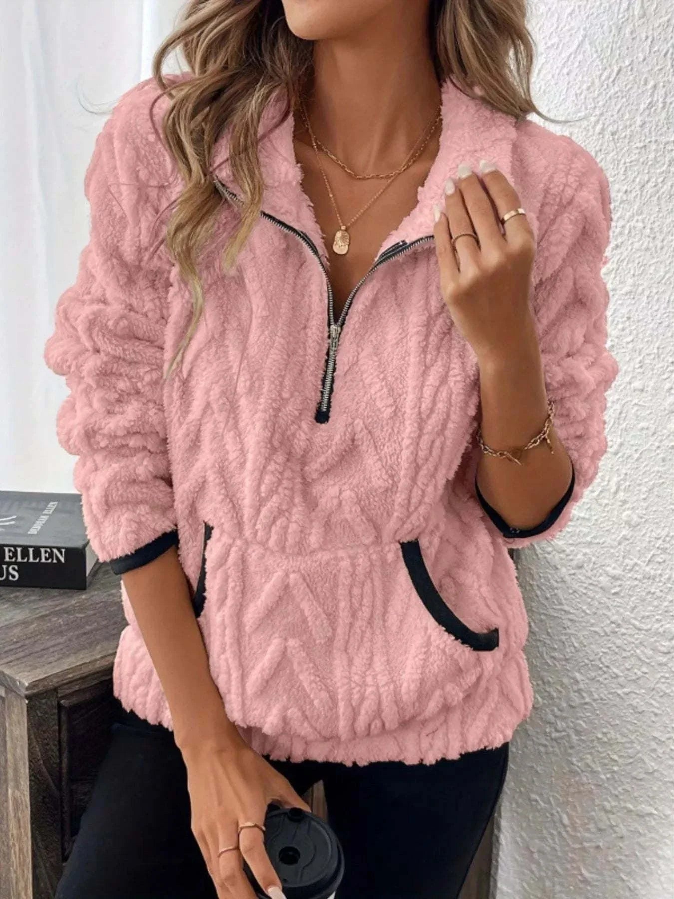 plus size pink sherpa half zip sweatshirt with pockets and textured fabric full size sherpa fleece pullover for women