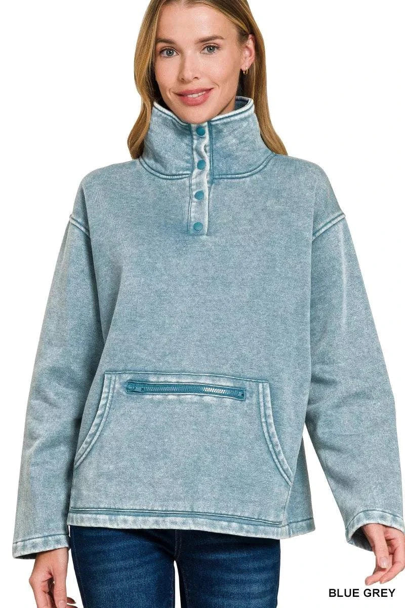 Women wearing blue grey fleece washed high neck kangaroo pocket sweatshirt