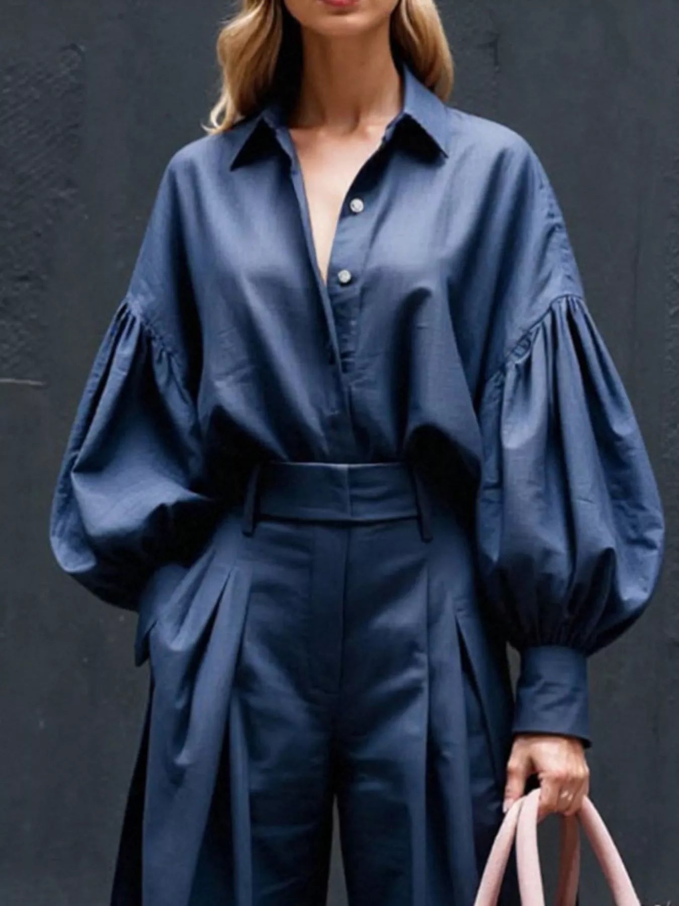Navy lantern sleeve shirt with wide leg pants two-piece set, pocketed, polyester blend, no stretch, stylish and comfortable