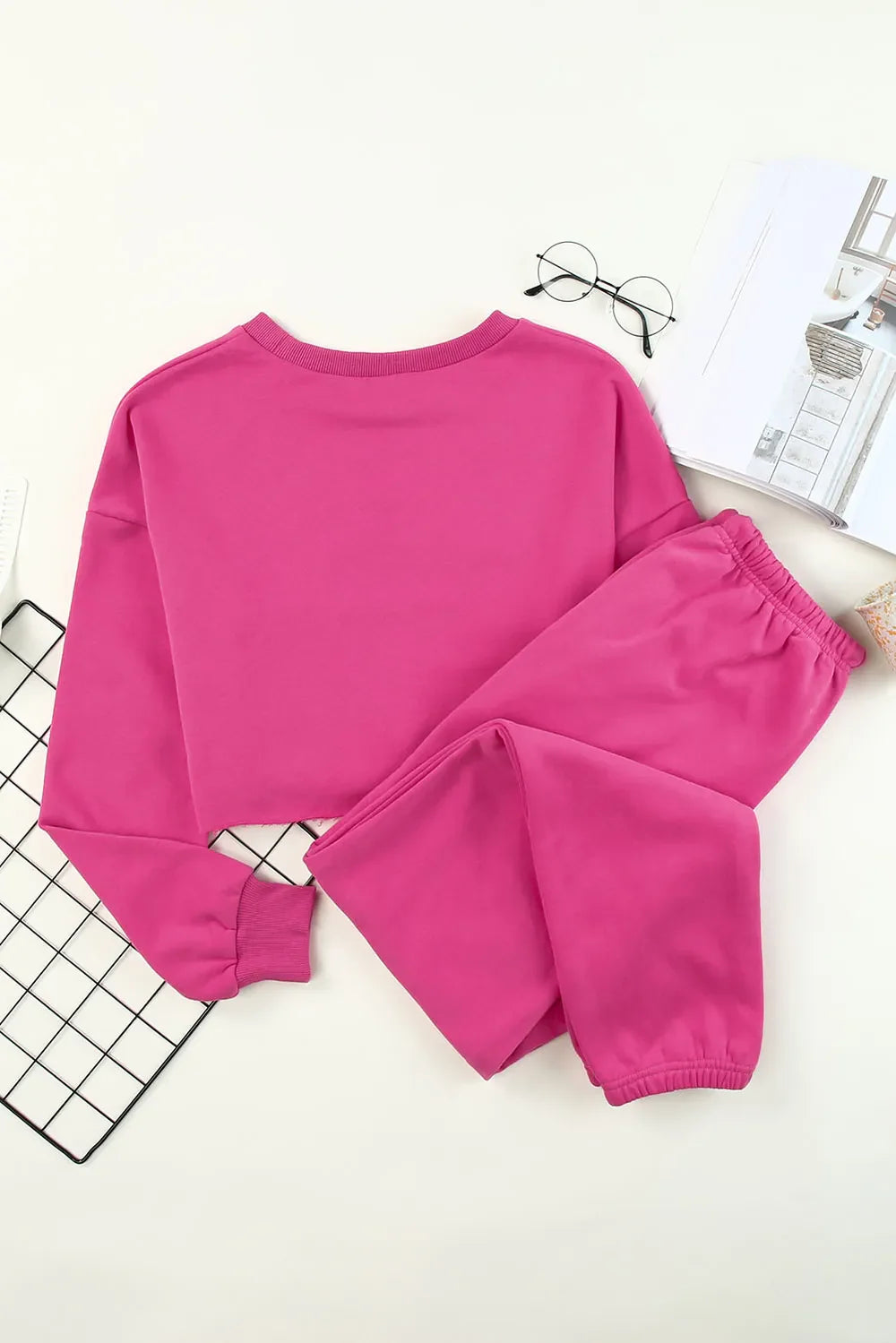 Pink round neck long sleeve cropped top and pants set with drawstring waist