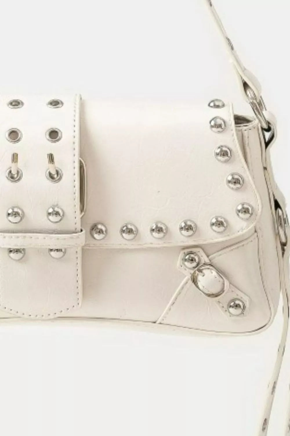 Fame Glossy Faux Leather Rivet Trim Shoulder Bag.