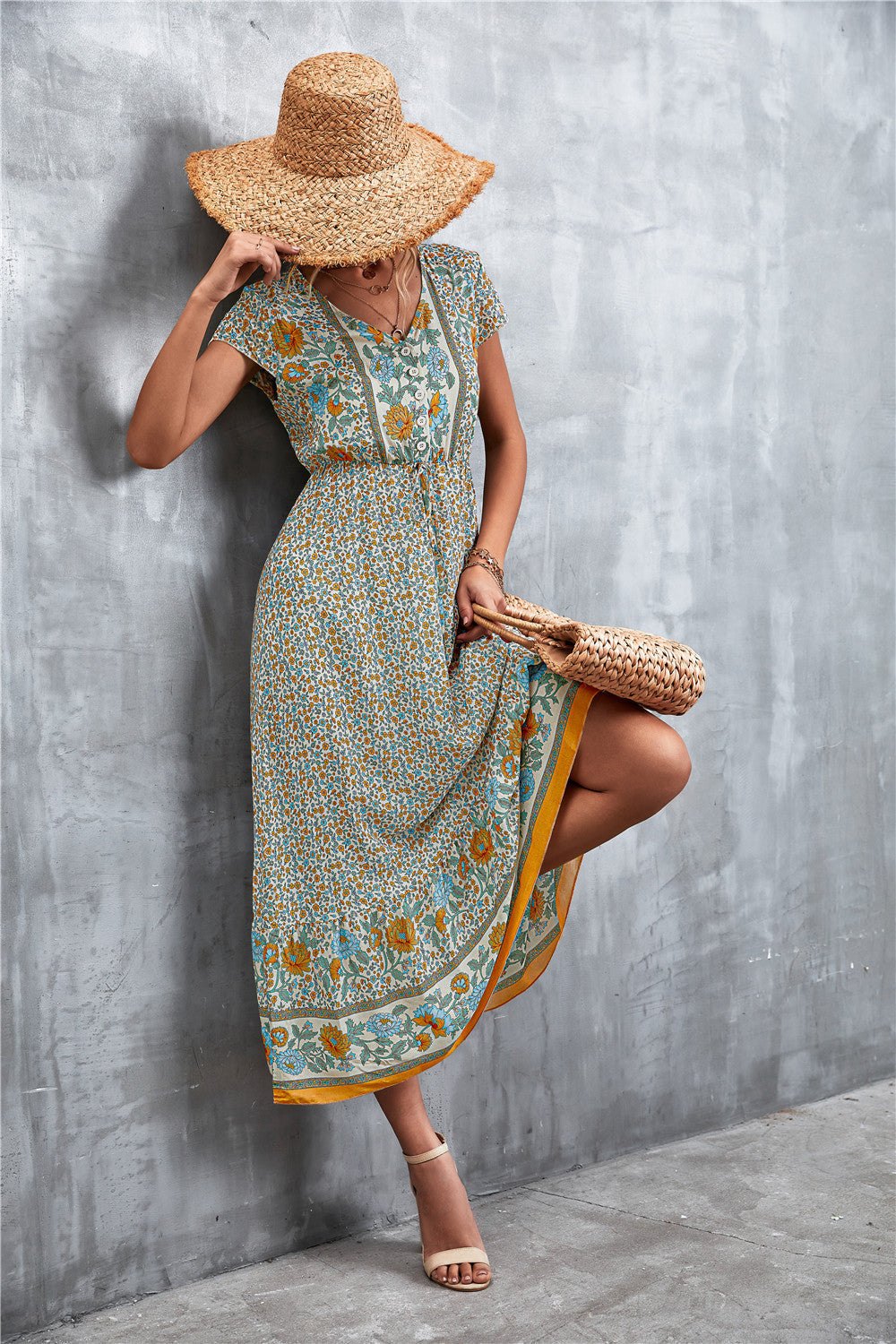 Bohemian Maxi Dress for Women: V-Neck Short Sleeve Printed Maxi Dress.