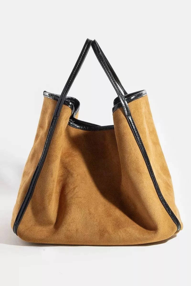 Fame Suede Tote large brown suede bag with black faux leather trim and shoulder strap