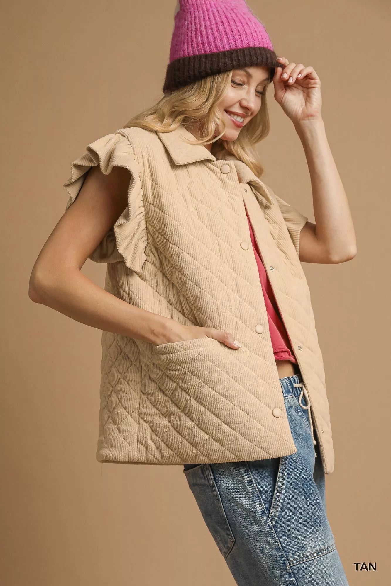 Umgee Corduroy Quilted tan vest with ruffle sleeves and front snap buttons