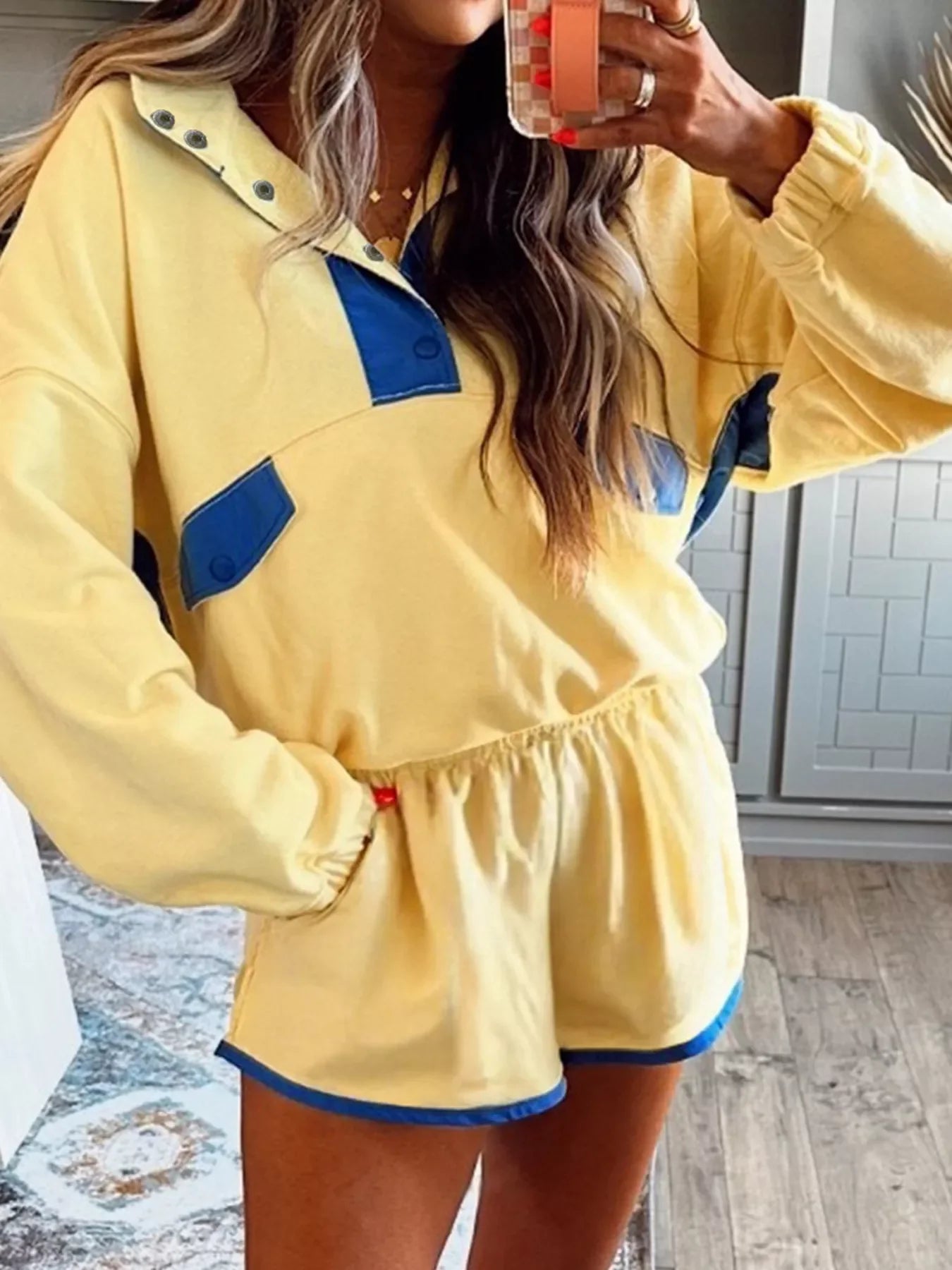 Color Block Patchwork yellow half button top and shorts two-piece set with pockets and blue accents