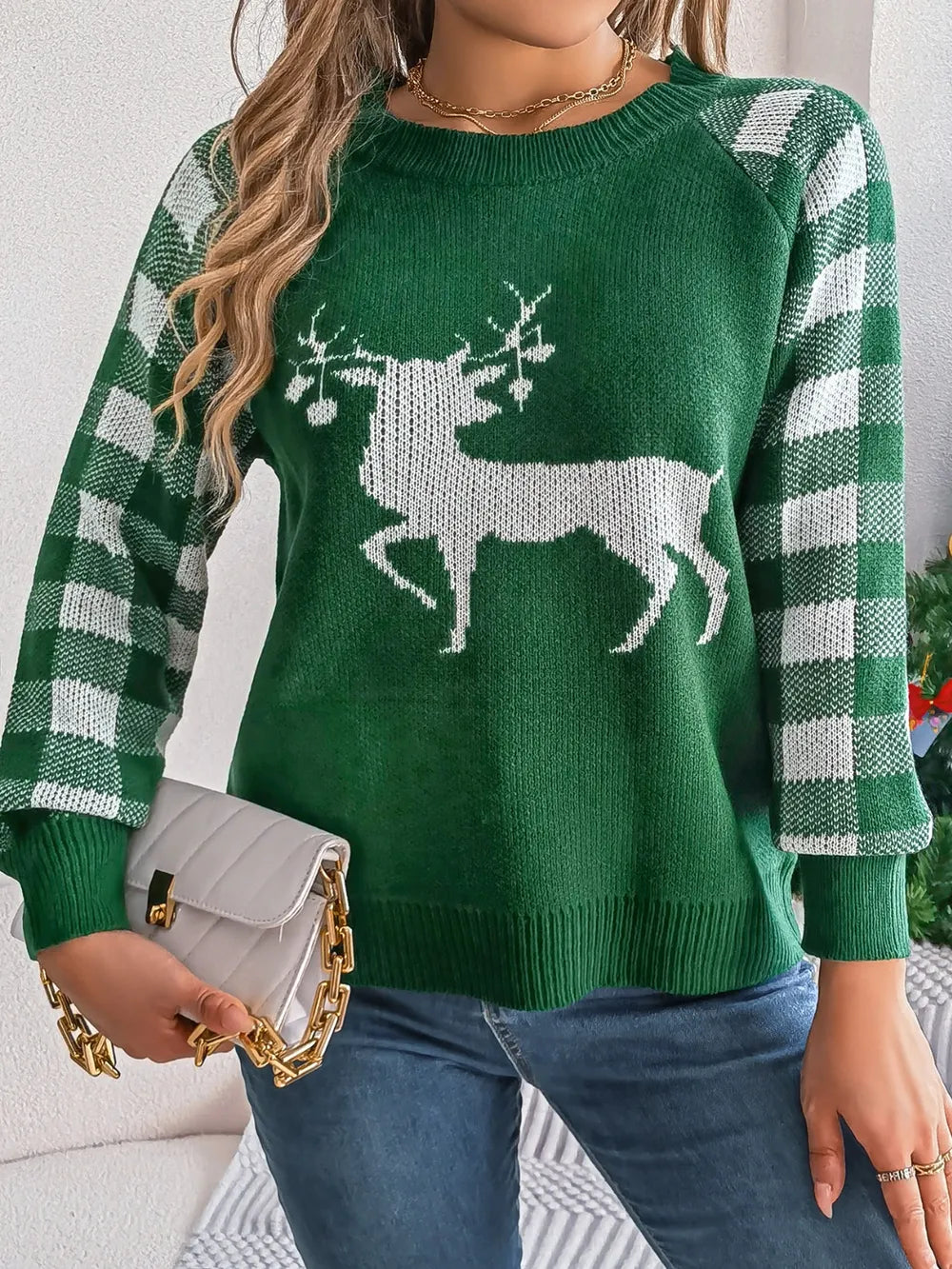 Reindeer Plaid Round Neck Long Sleeve Sweater.
