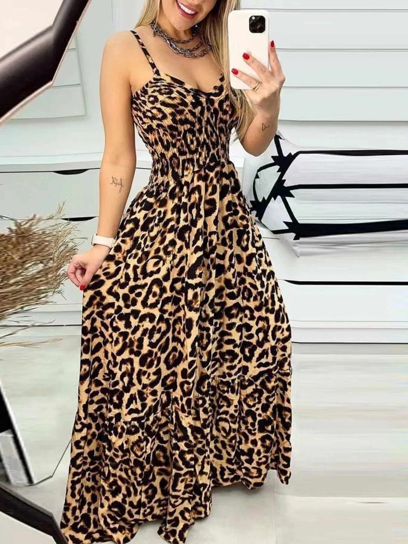 Full Size Leopard Print Dress - Spaghetti Strap Maxi Dress for Plus Size Fashion.