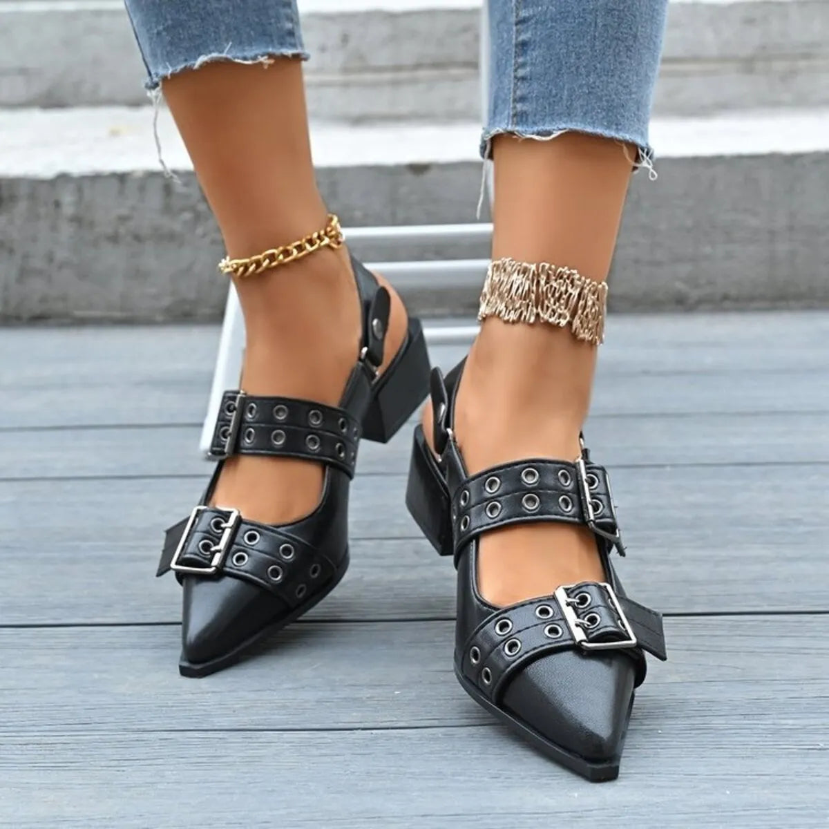 Point Toe Block Heels Slingback Pumps.