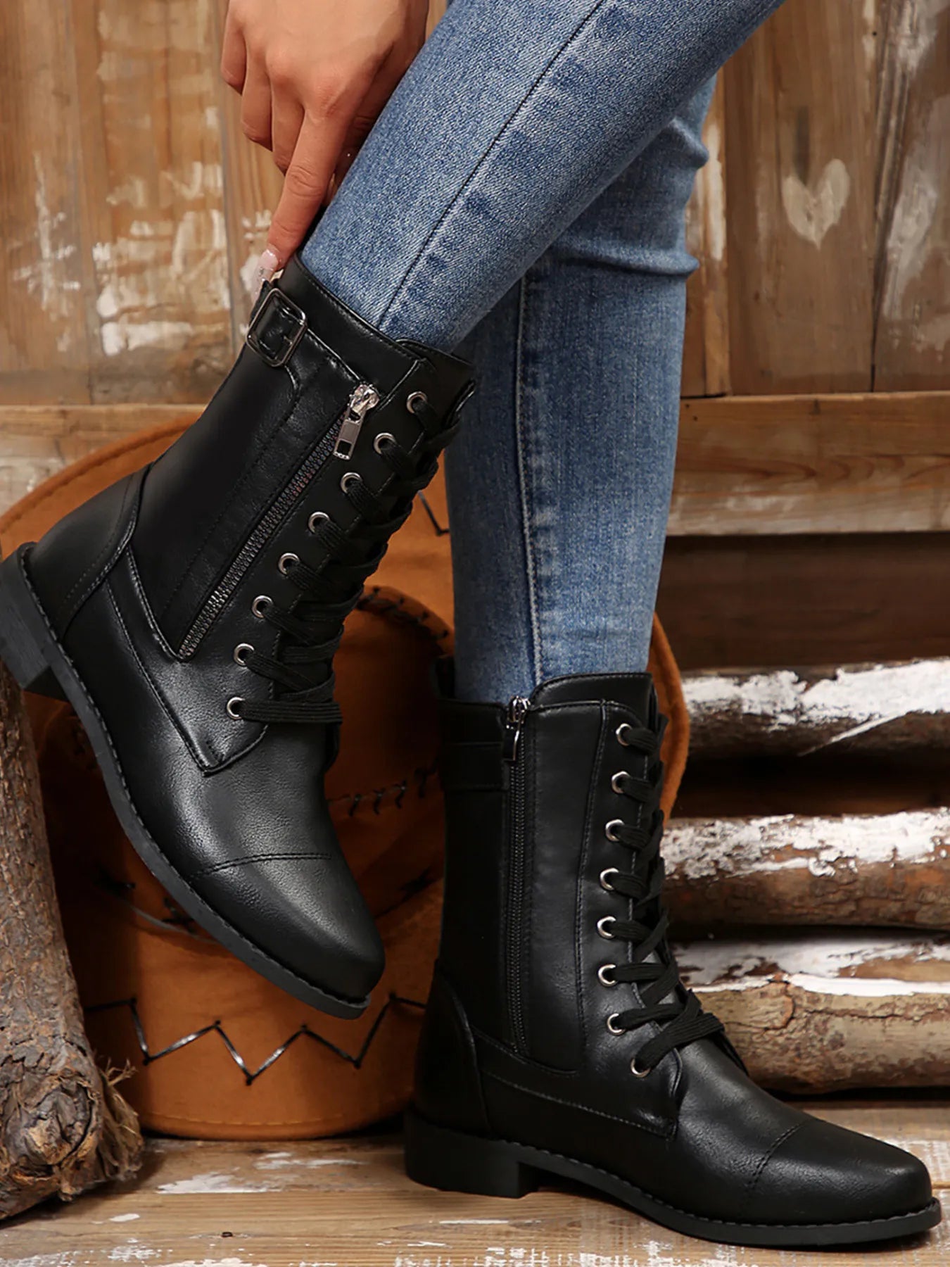 Lace Up Round Toe Boots.