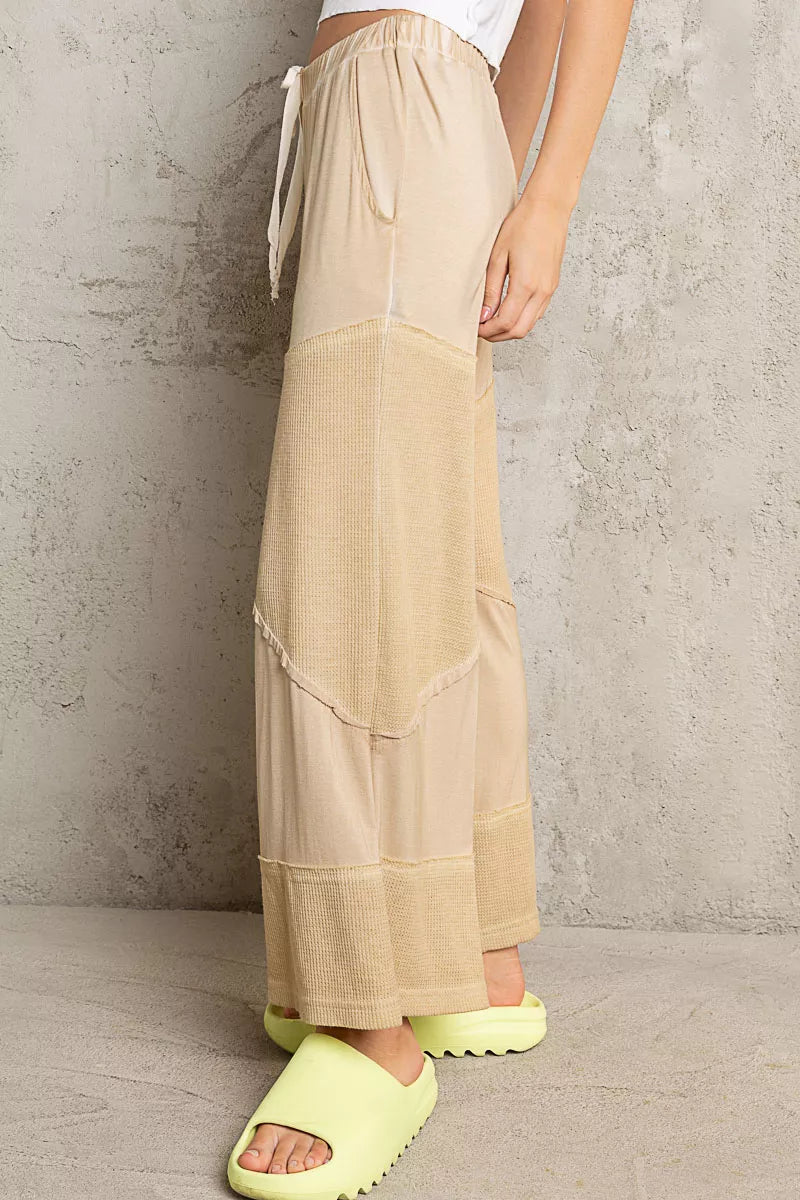 Beige POL elastic waistband wide leg pants with drawstring and textured ribbed fabric
