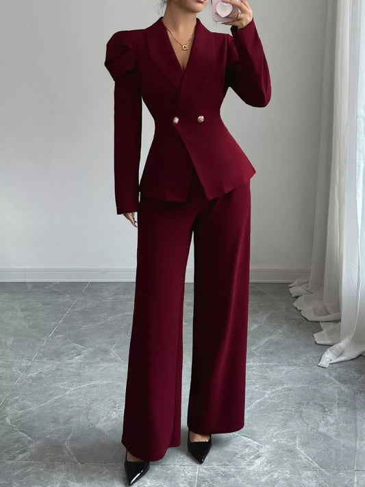 Women's burgundy double-breasted blazer and pants suit set with pearl buttons and tailored fit