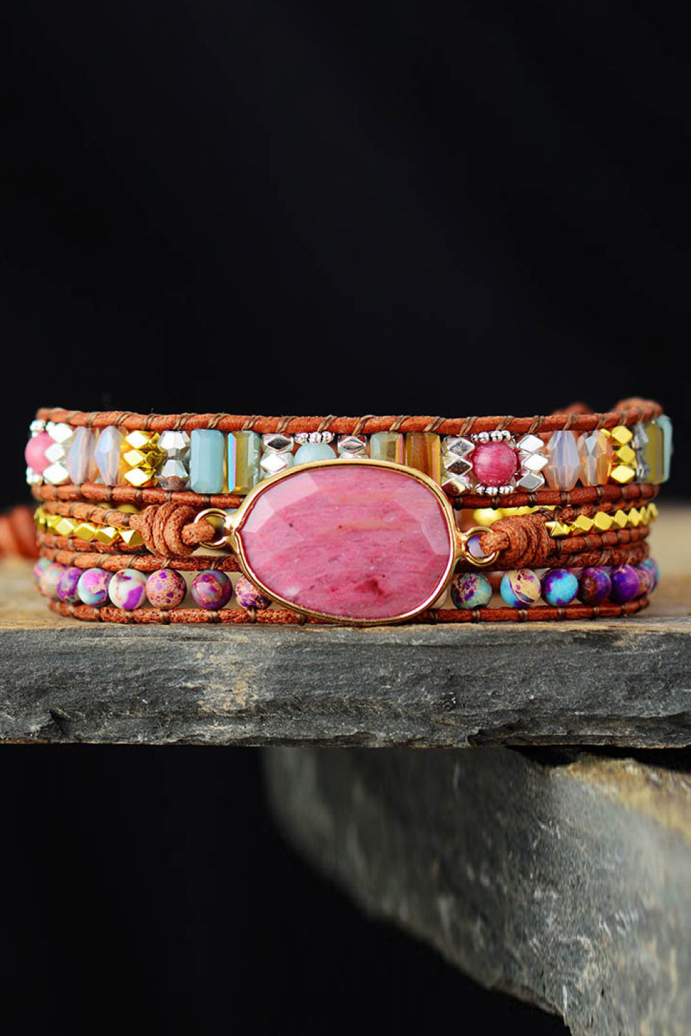 Handmade crystal beaded natural stone bracelet with pink centerpiece and multicolored beads on leather bands