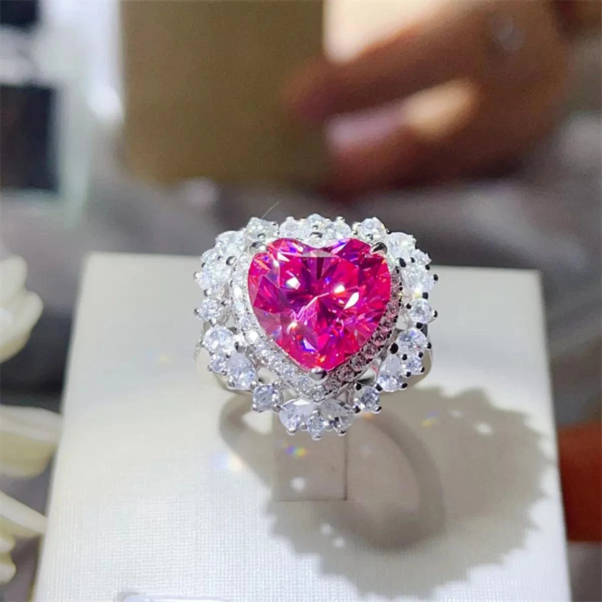 5 carat heart-shaped pink moissanite ring in 925 sterling silver with diamond accents