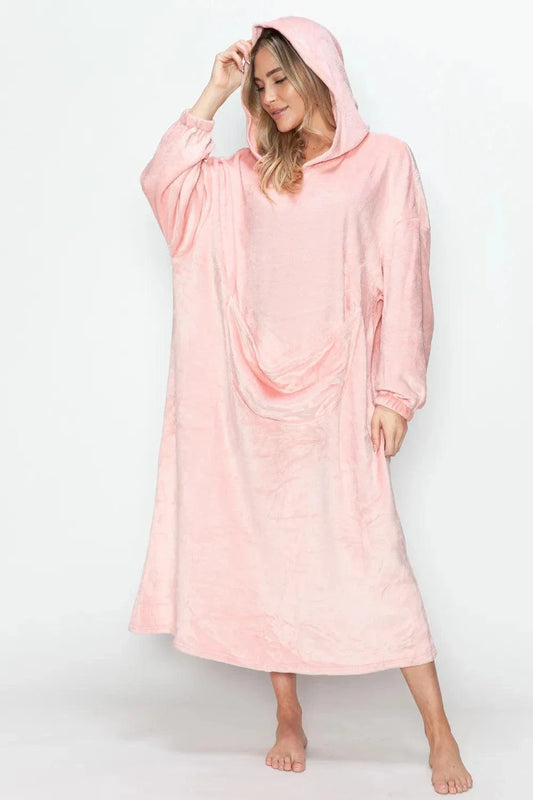 woman wearing pink hooded midi lounge dress with full-size pockets