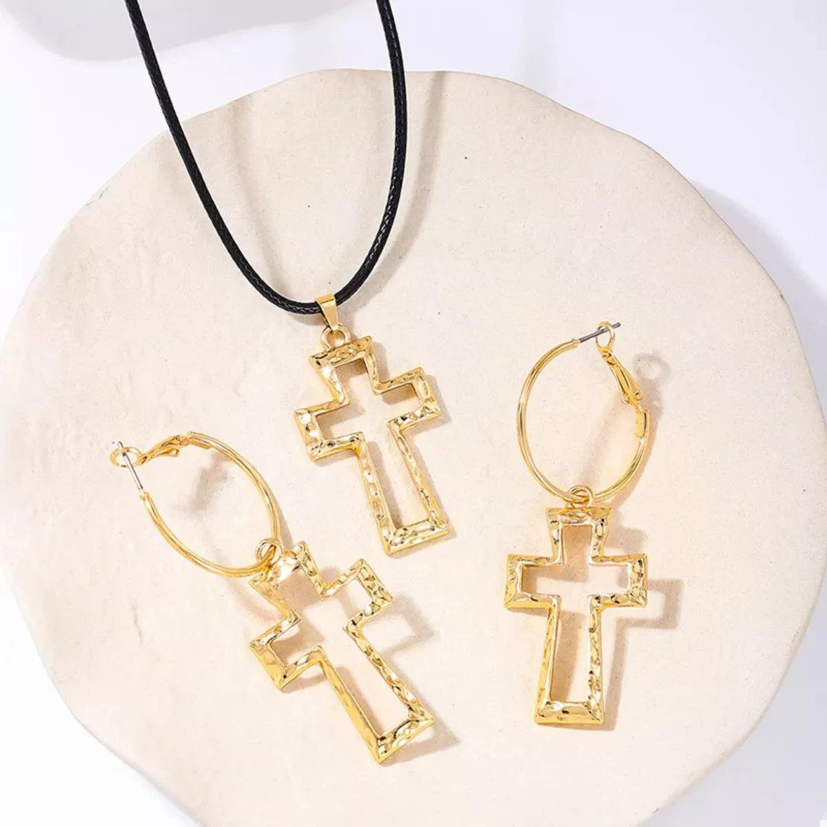 Gold-plated cross pendant necklace with matching hoop earrings jewelry set