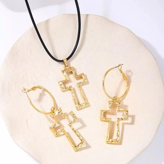 Gold-plated cross pendant necklace with matching hoop earrings jewelry set