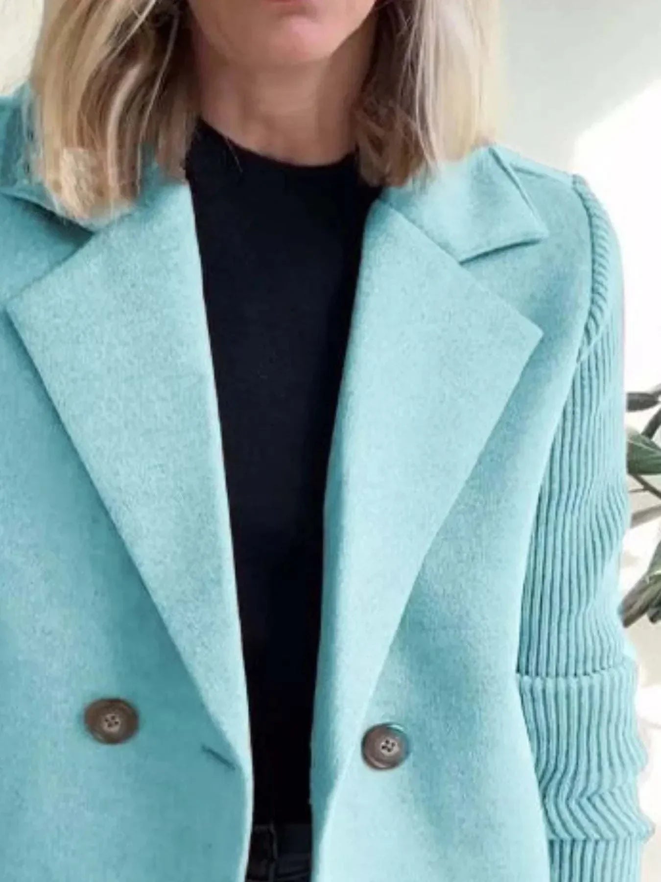 plus size full size knit sleeve double-breasted outerwear in light blue with ribbed sleeves and button details