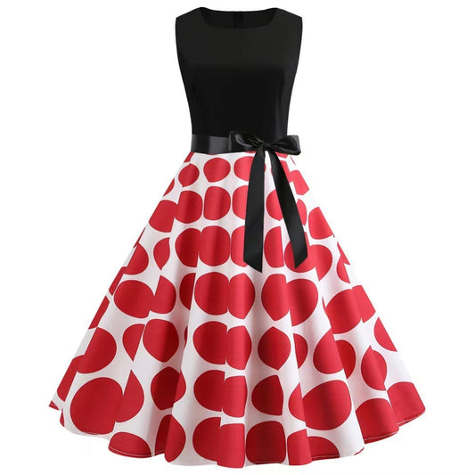 Retro Crew Neck Sleeveless Polka-dot Self-tie Zip Dress
