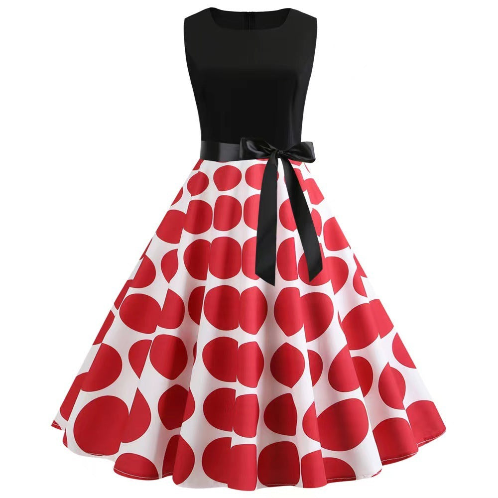 Retro Polka Dot Zip Dress - Sleeveless Crew Neck with Self-tie Detail.