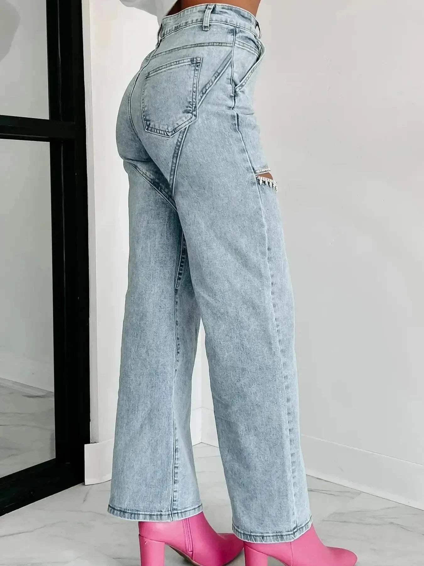 High Waist Wide Leg Jeans with Cut-Out Design.