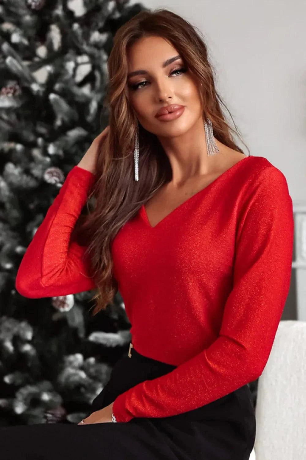Bowknot V-Neck Long Sleeve Blouse.