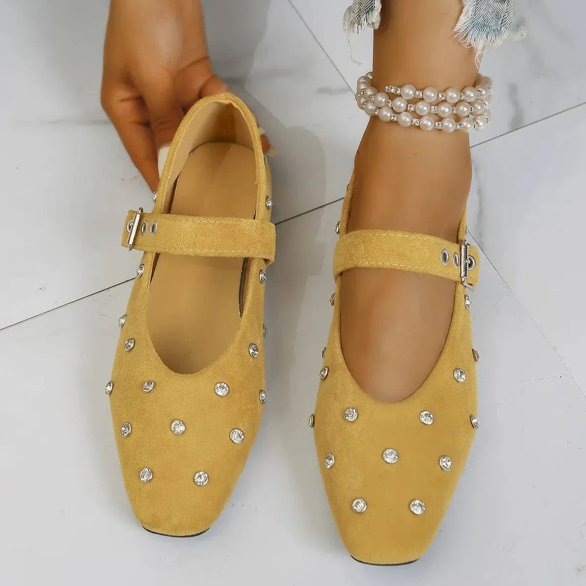 Yellow Rhinestone Buckle Flat Mary Jane Loafers in suede with decorative rhinestones and ankle strap buckle