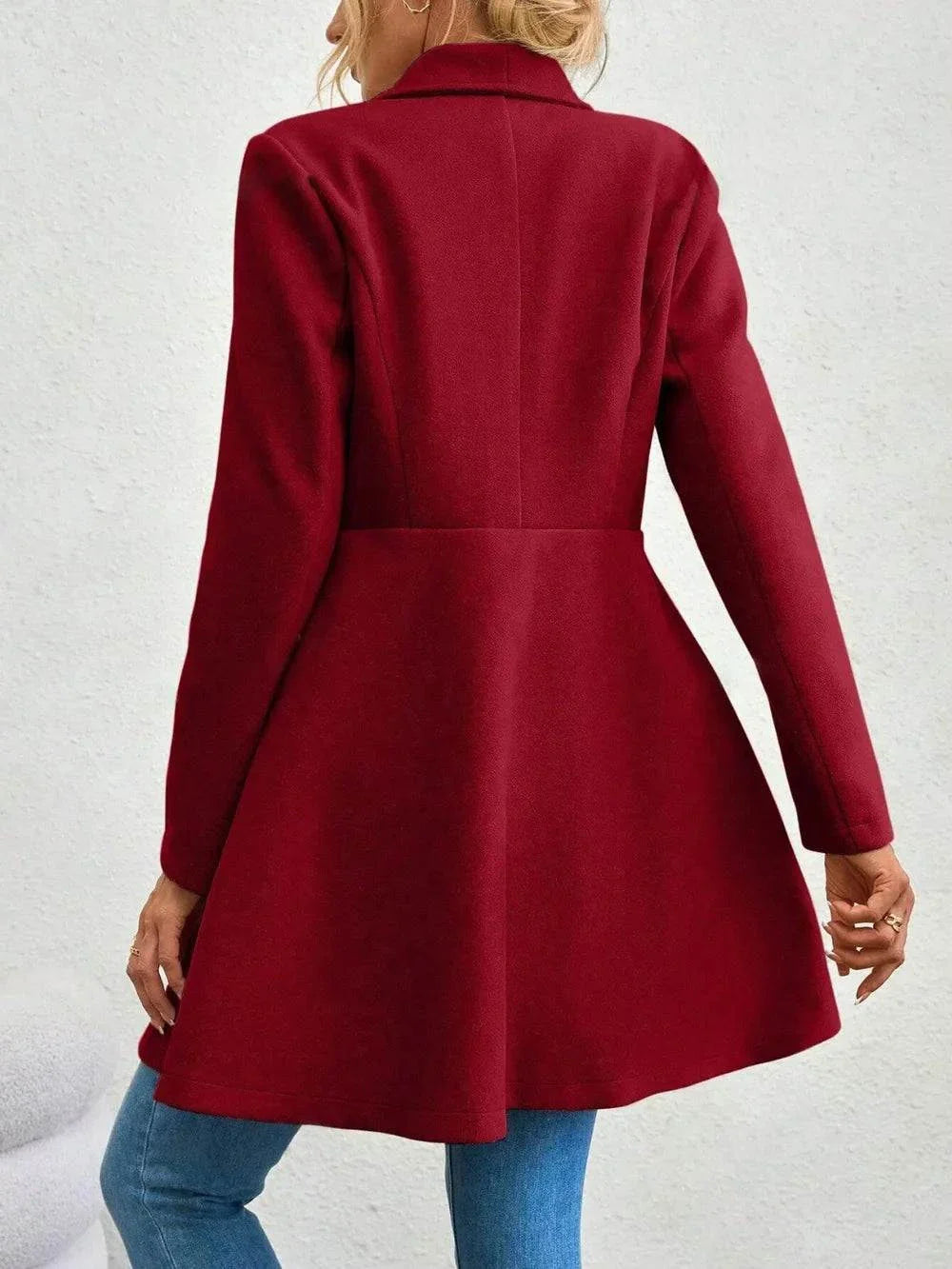 Women’s collared neck button up long sleeve coat in red with flared hem