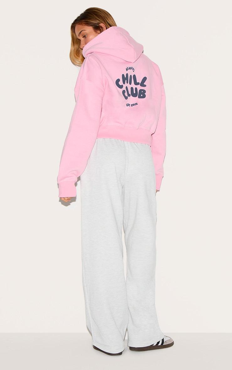 Bubblegum pink zip-up jacket with Chill Club puff print on back, fleeceback fabric, relaxed fit hoodie for casual daywear
