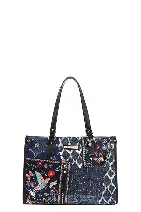 Nicole Lee USA Bosque de Amor denim tote bag with hummingbird embroidery and vegan leather accents