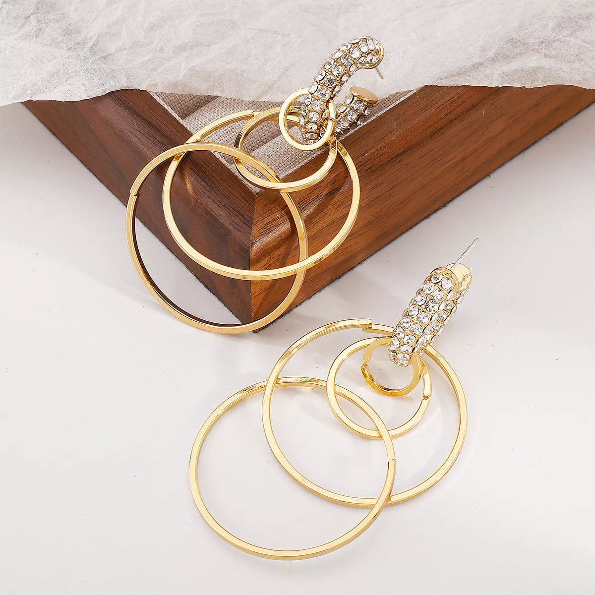 18K gold-plated rhinestone hoop dangle earrings with interlocking circles, 3 inches long