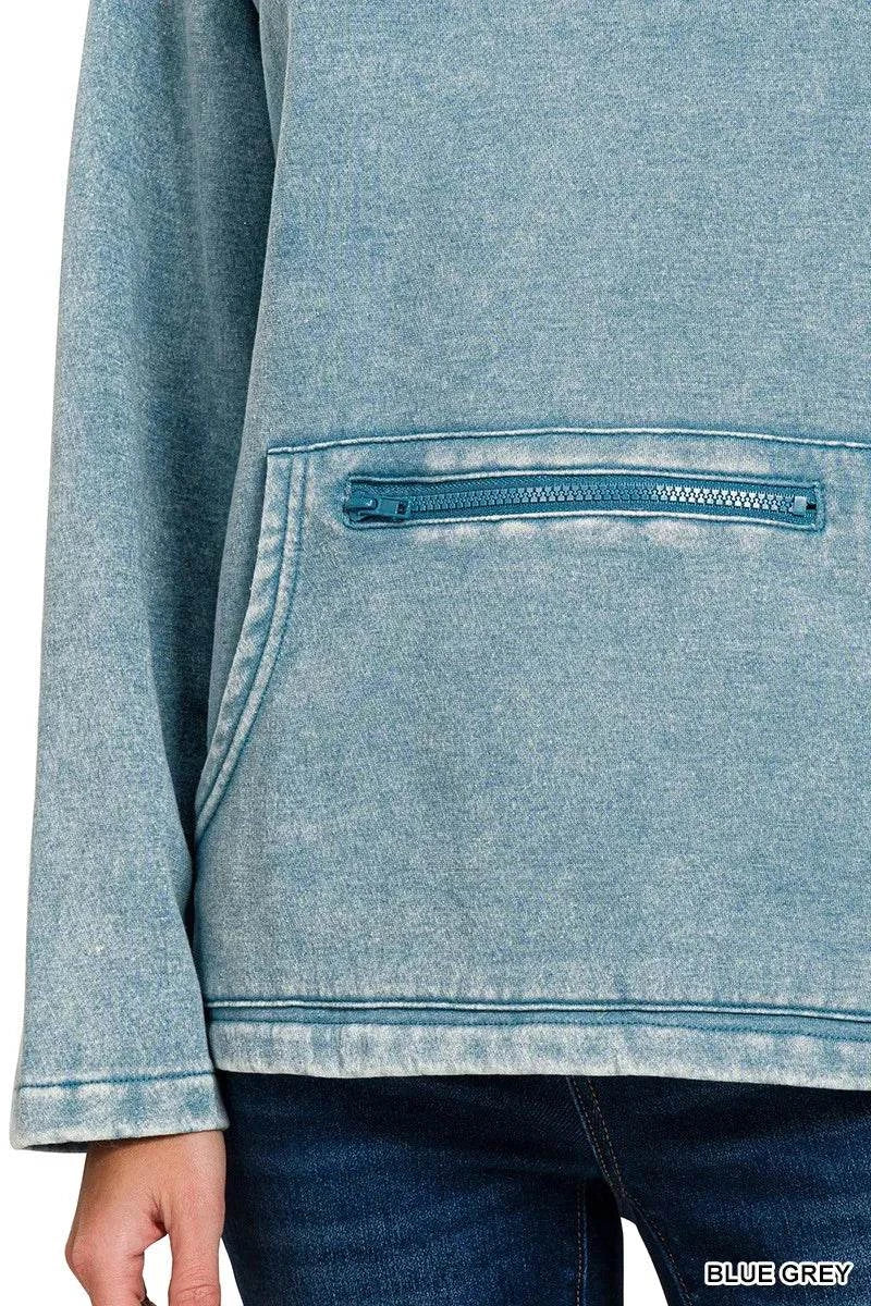 Blue grey fleece washed high neck sweatshirt with kangaroo pocket and zipper detail