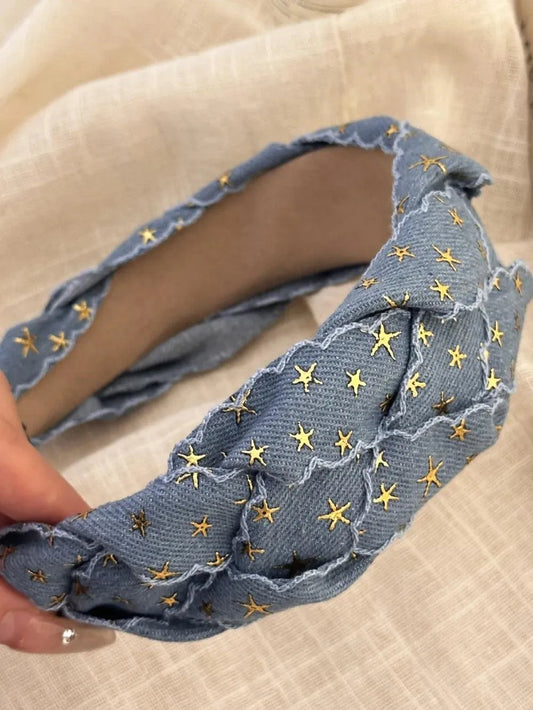 Star Braided wide denim headband with yellow star embroidery and braided design