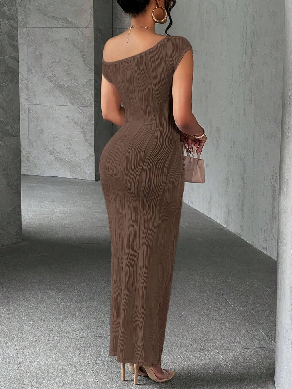Textured Bodycon Maxi Dress with Single Shoulder Design.