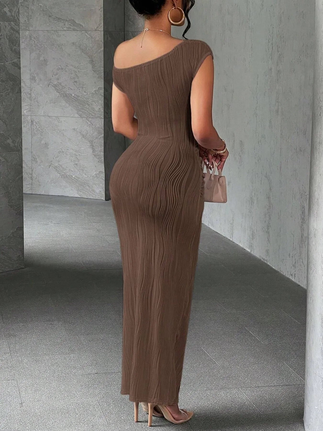 Textured Bodycon Maxi Dress with Single Shoulder Design.