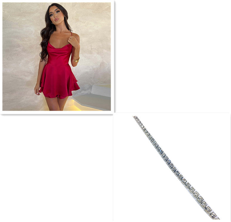 Sexy Suspender Skirt Elegant Satin Backless Lace Up A-Line Short Dress for Women -