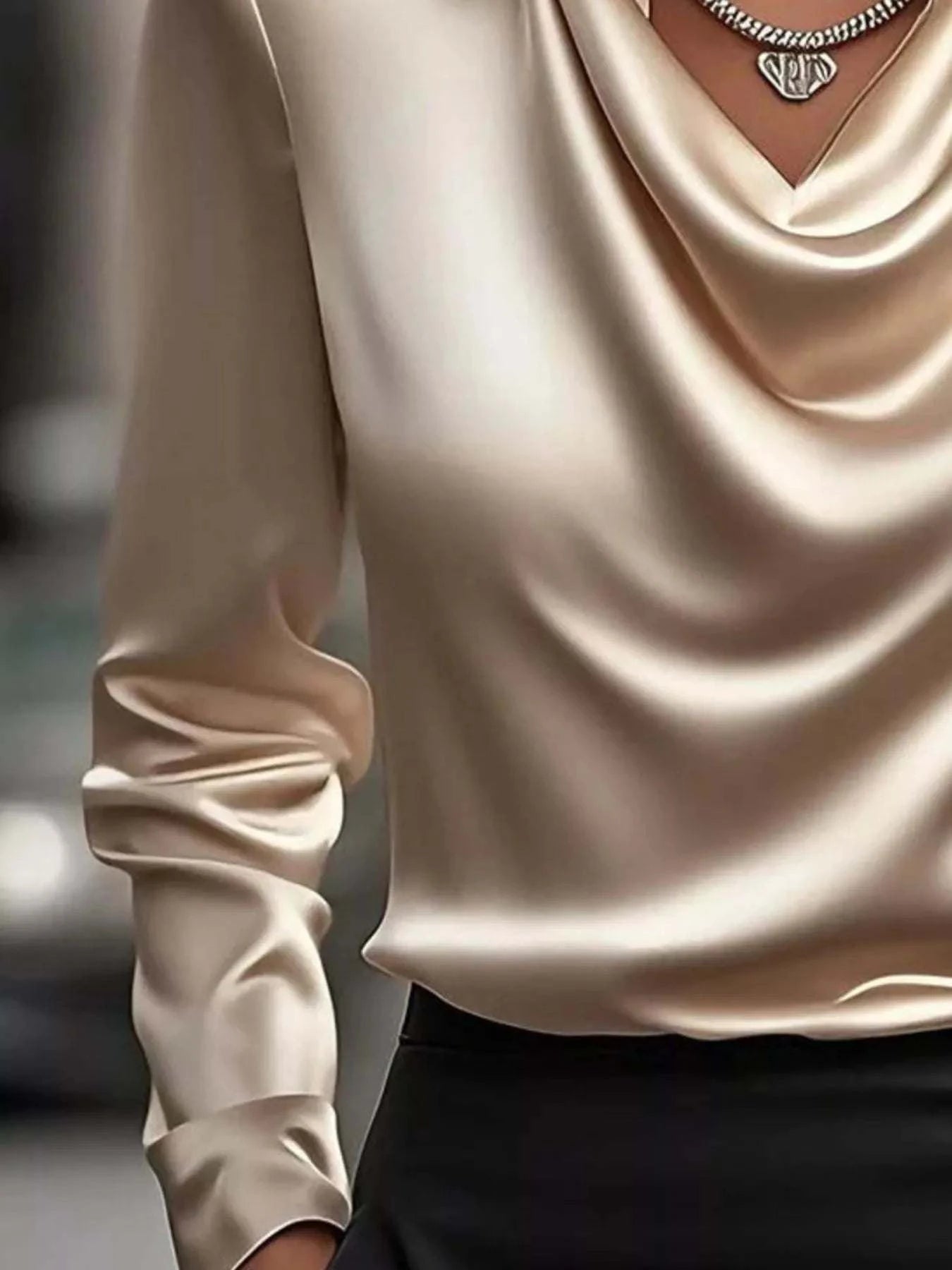 Full Size Satin Cowl Neck Long Sleeve Blouse Plus Size.