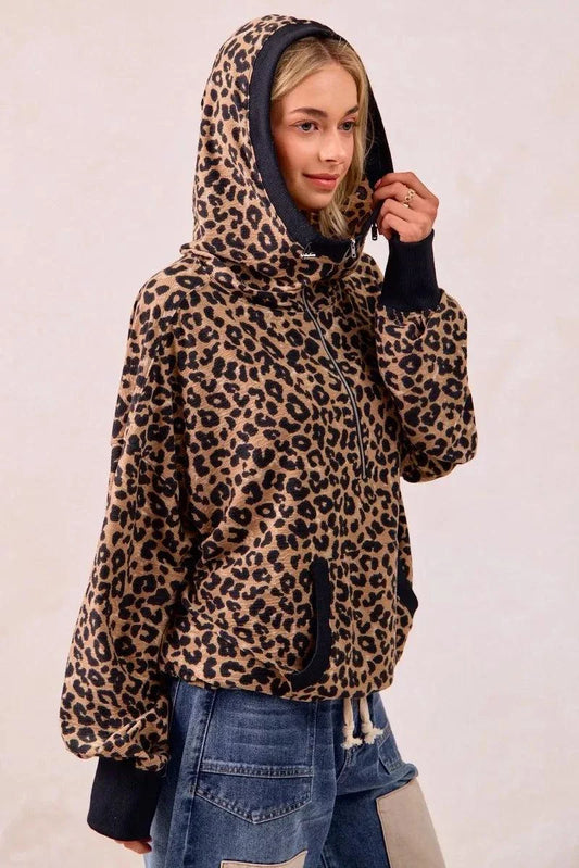 Leopard print waffle knit half zip hoodie with pocket and drawstring hood