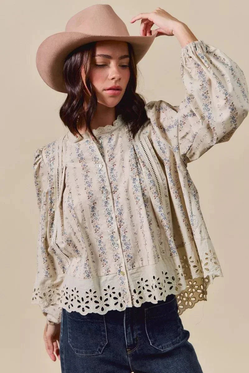 SO ME Floral Print Lace Shirt with delicate lace detailing and button-down design worn with a hat