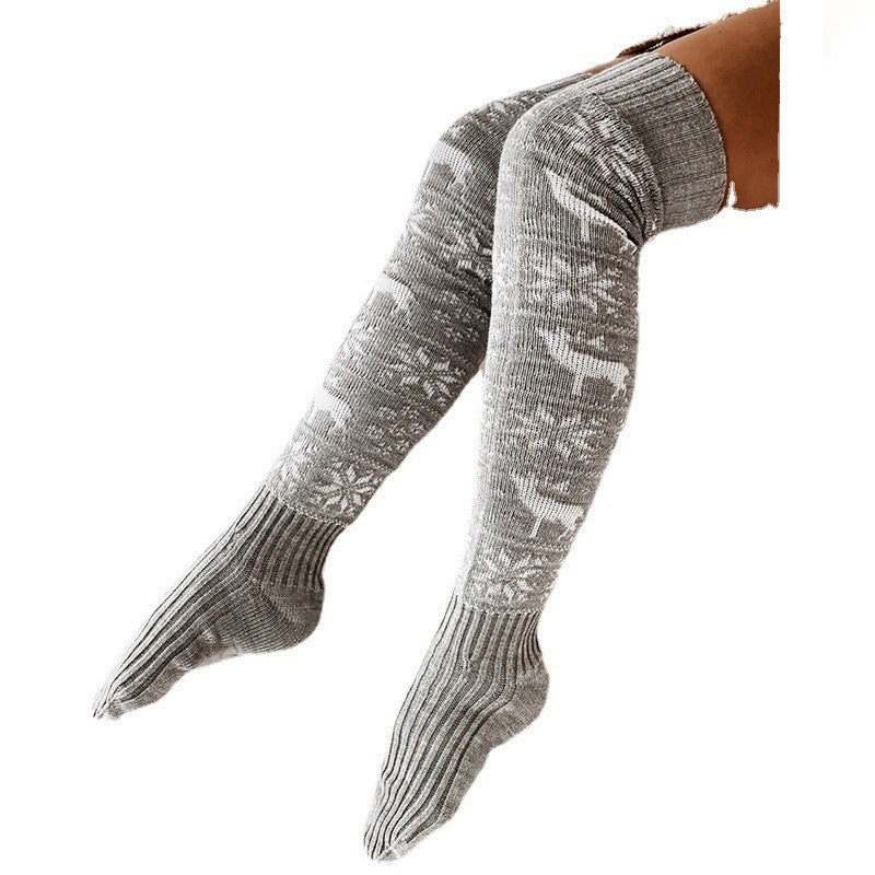 Winter Christmas Warm Knitted Women Stocking Beautiful Elk Snowflake Jacquard Over-the-knee Casual Long Socks For Ladies Gifts Free Size.