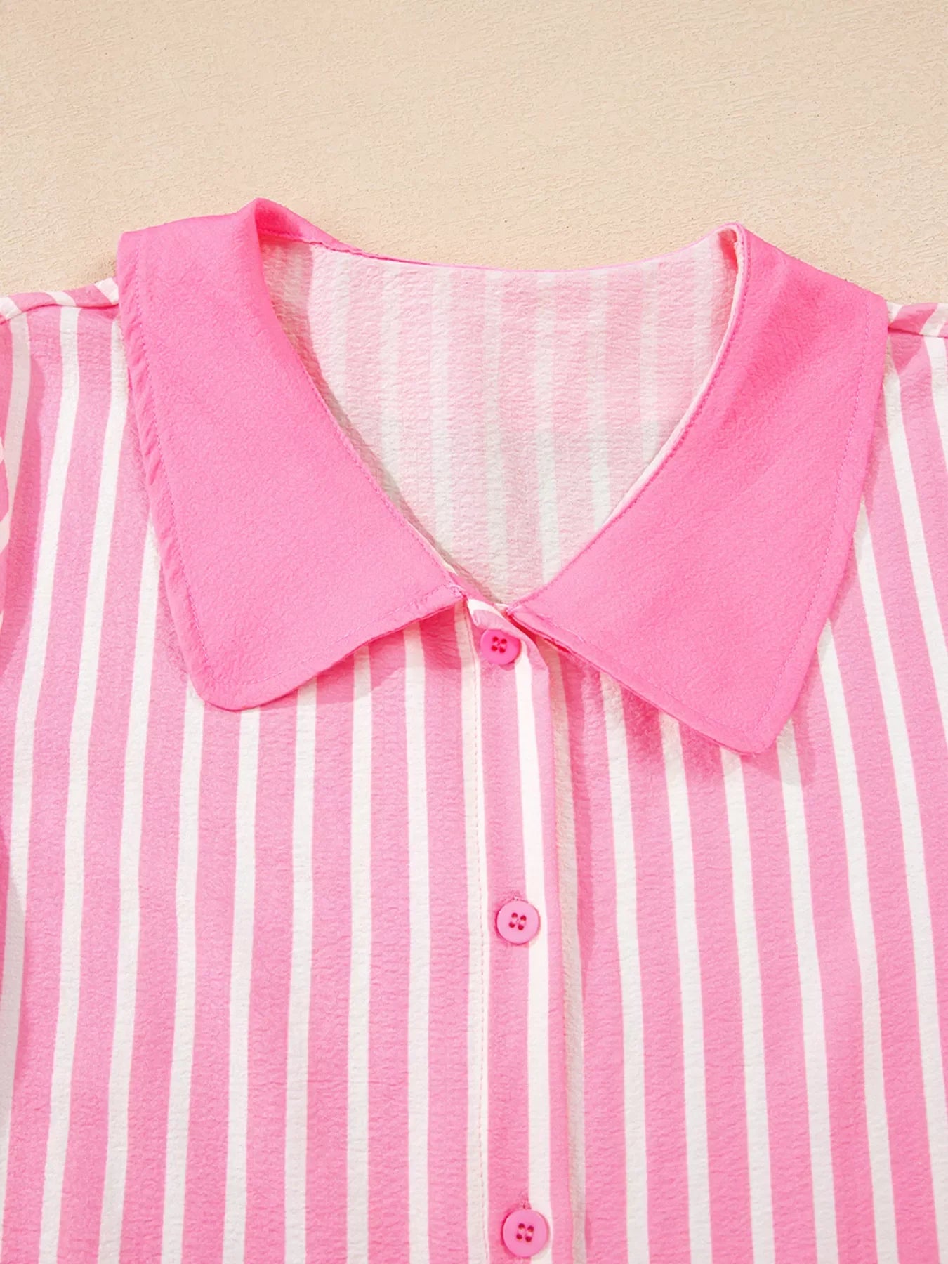 Pink and white stripe buttoned front long sleeve top with collar detail