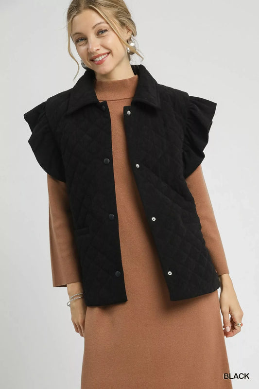 Umgee black corduroy quilted vest with ruffle sleeves and snap buttons